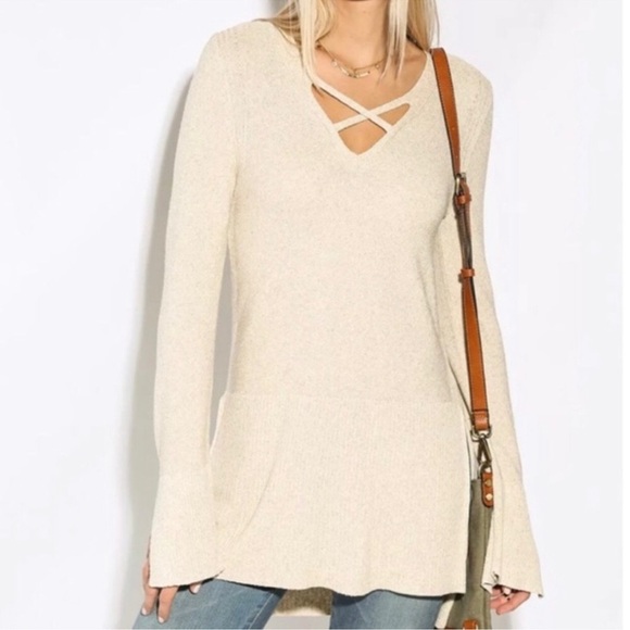 Free People Andi Woven Criss Cross Long Sleeve Tunic Small Tan Linen Blend - Picture 2 of 10